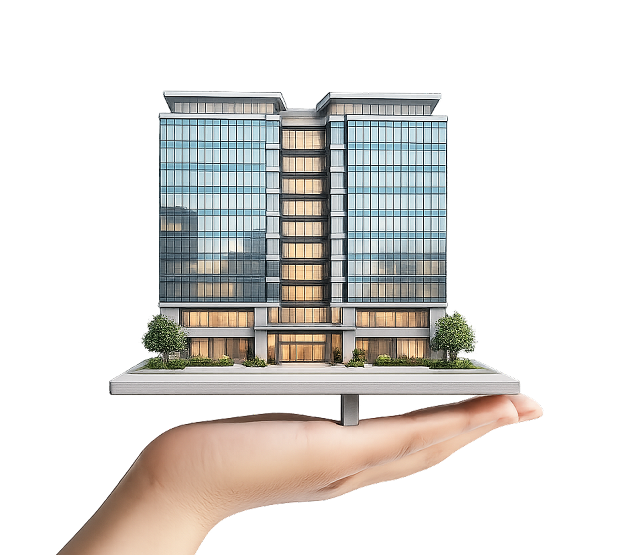 Hand holding a commercial office building